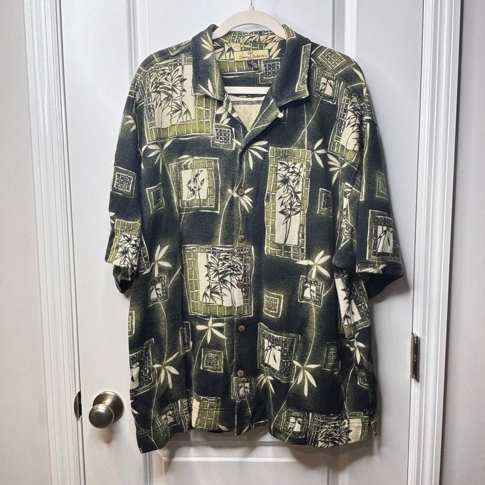Tommy Bahama Men's XL Silk Cotton Camp Shirt Green Bamboo Hawaiian Button Front